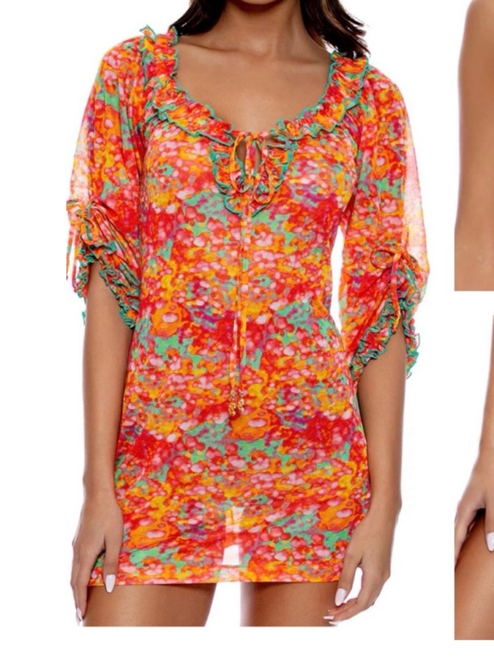 Luli Fama Fiesta De Flores Ruffle V-Neck Dress and Bikini Set M